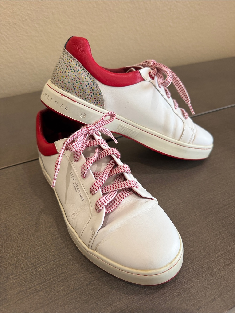 Royal Albartross White and Red Leather Sneakers with Multicolor Heel Accent